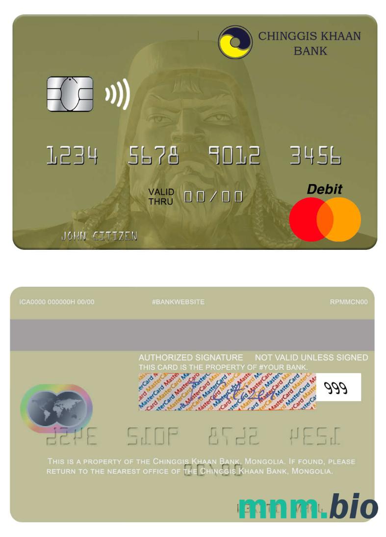Mongolia Chinggis Khaan Bank przykład karty mastercard w formacie PSD